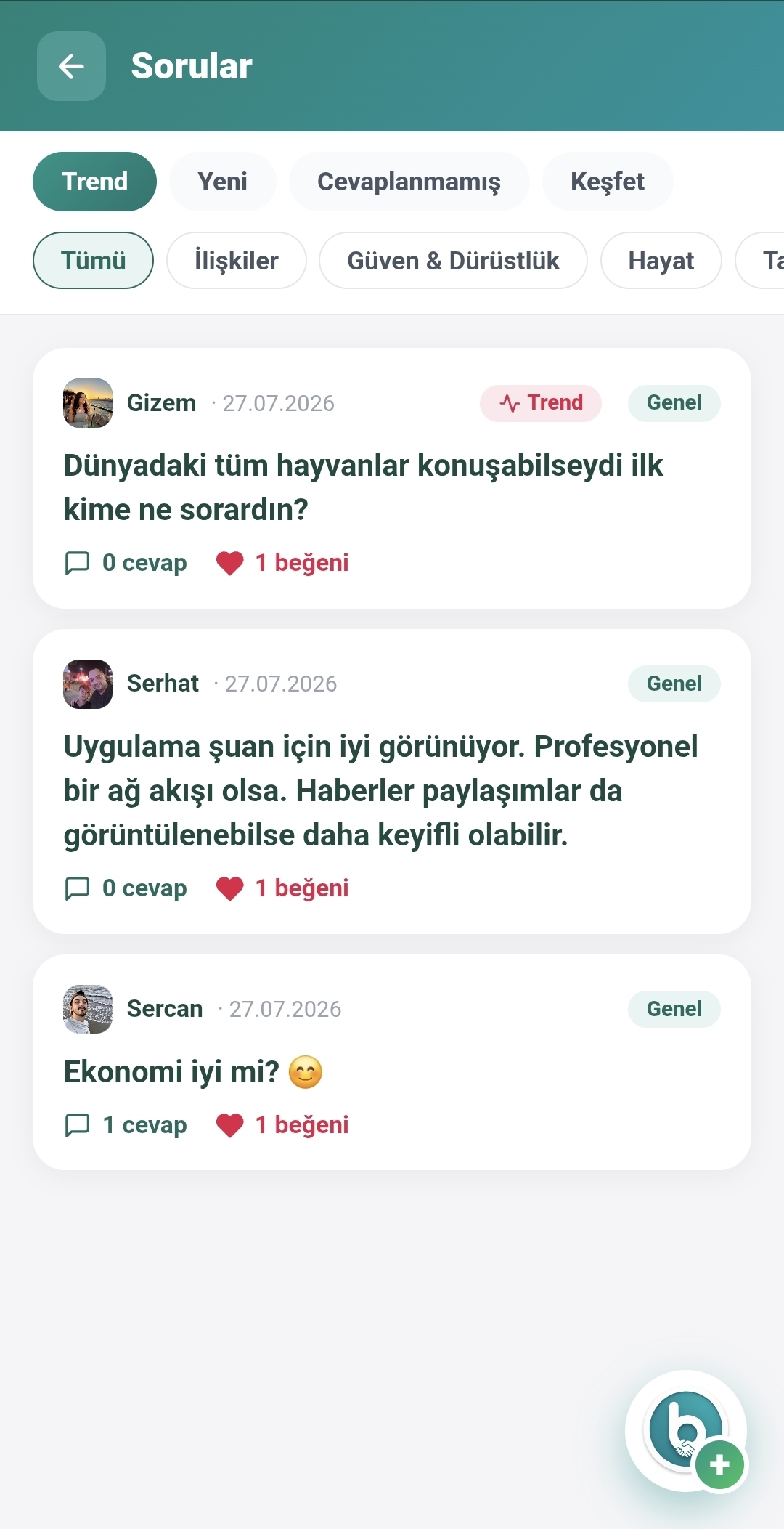 Bana Güven — Topluluğa Sor ekranı