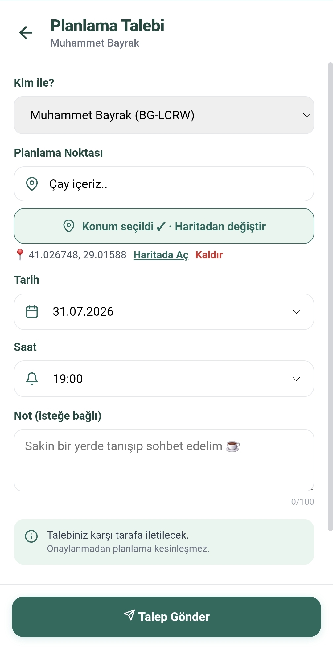 Bana Güven — planlama talebi oluştur